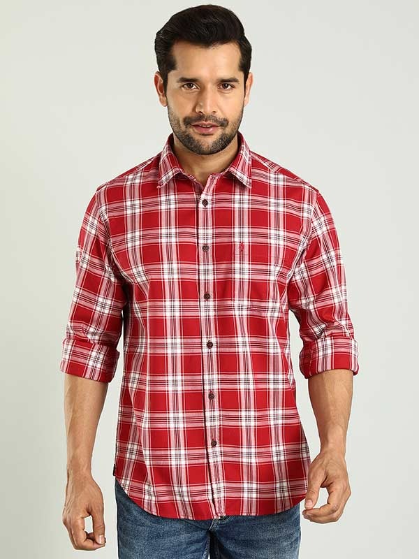 Indian Terrain Men's Regular Fit Full Sleeve Checkered Red Shirt